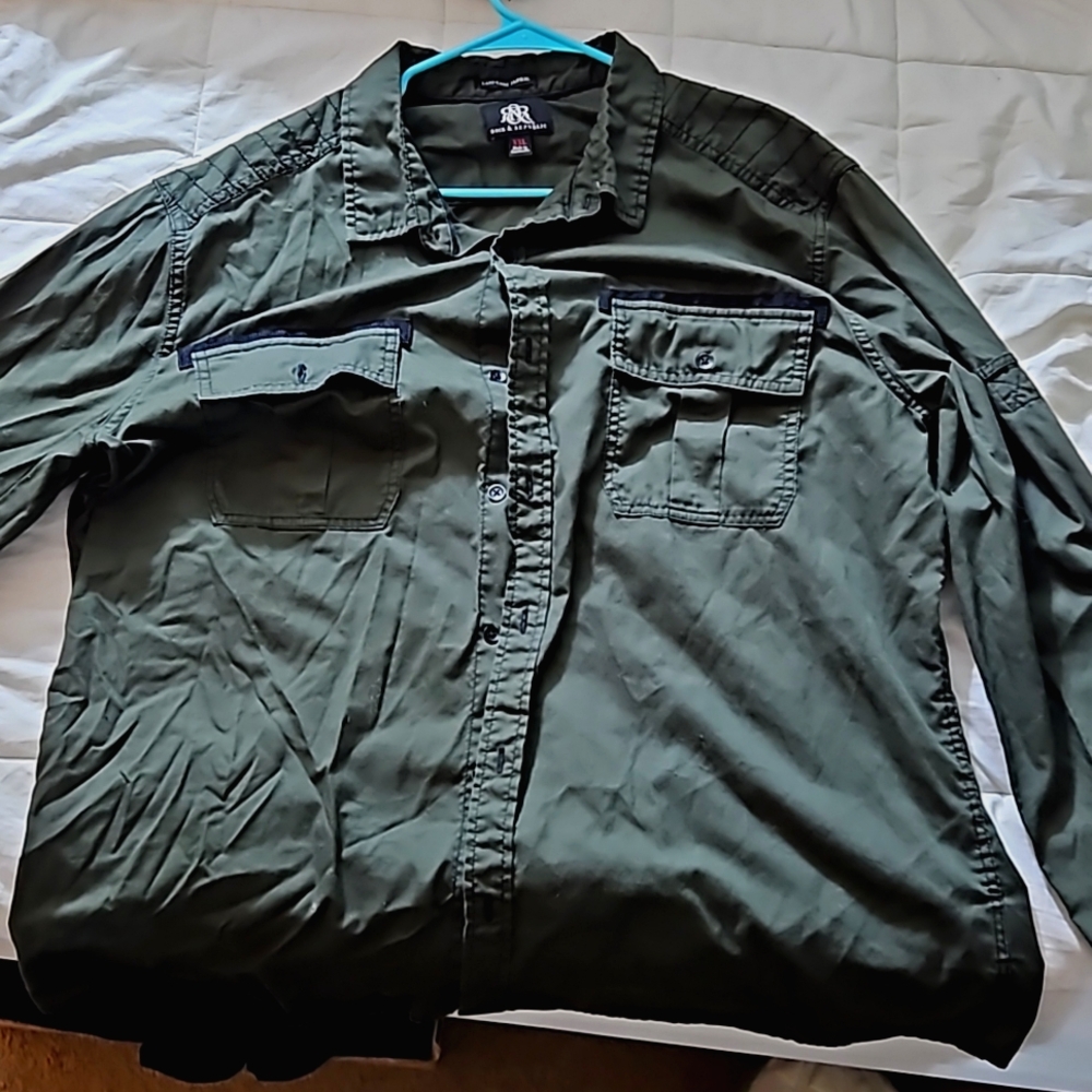 Rock & republic mens XXL slim green military style button up shirt